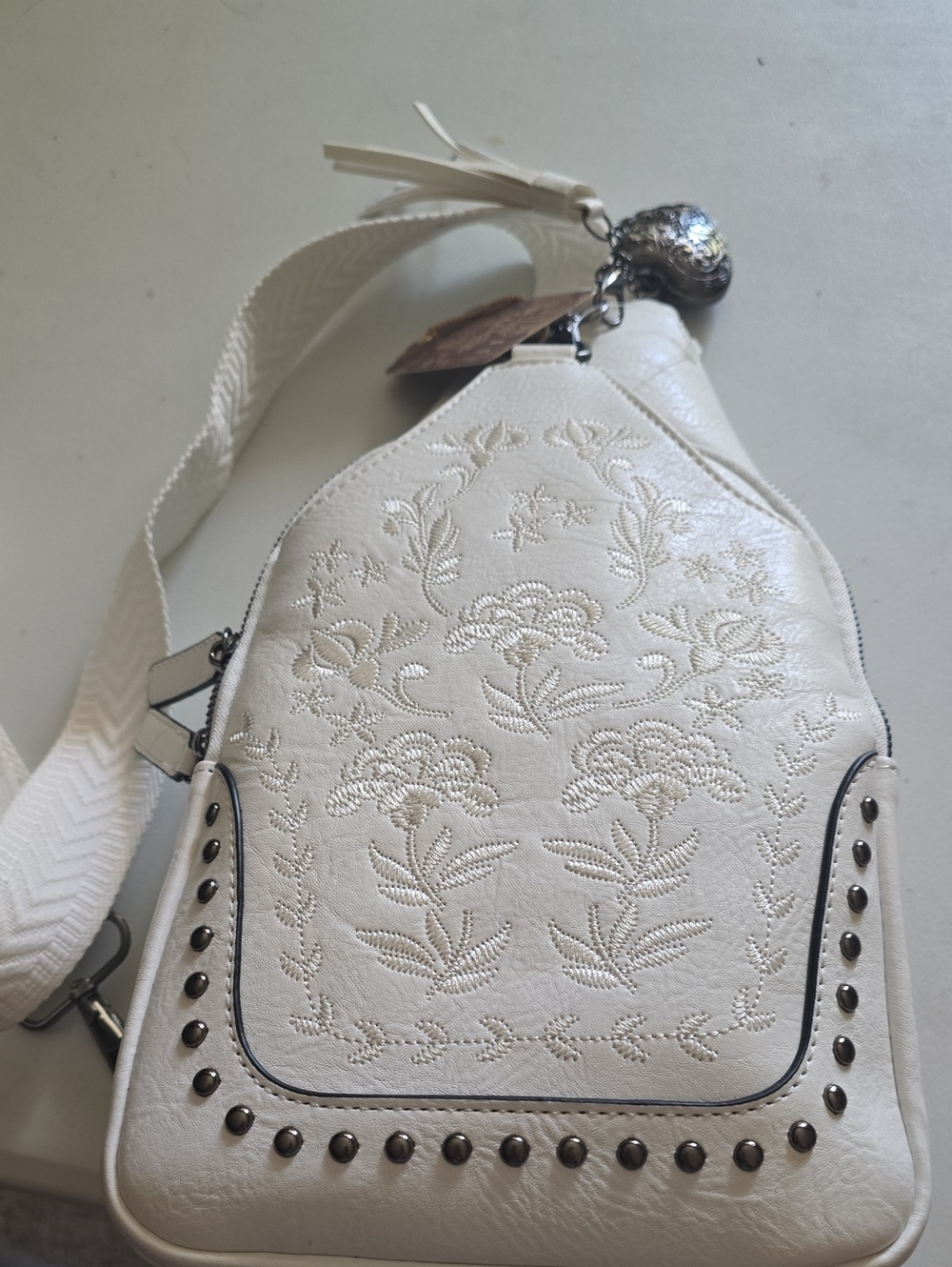 White Embroidered Floral Crossbody Sling Bag with Stud Accents